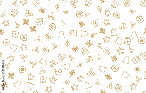 Seamless Christmas pattern. Christmas pattern with decorative snowflakes, gift box, christmas tree, star, christmas balls on white background.