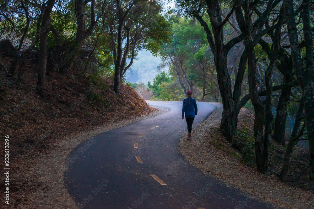 Jogger walking on a winding road