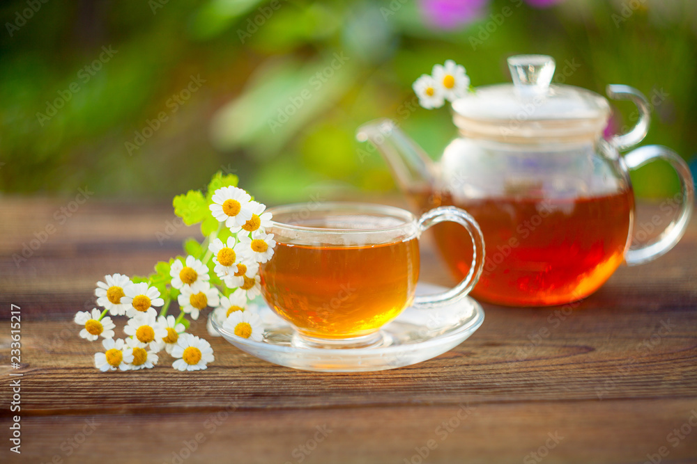 green tea with chamomile in cup green tea with chamomile in cup