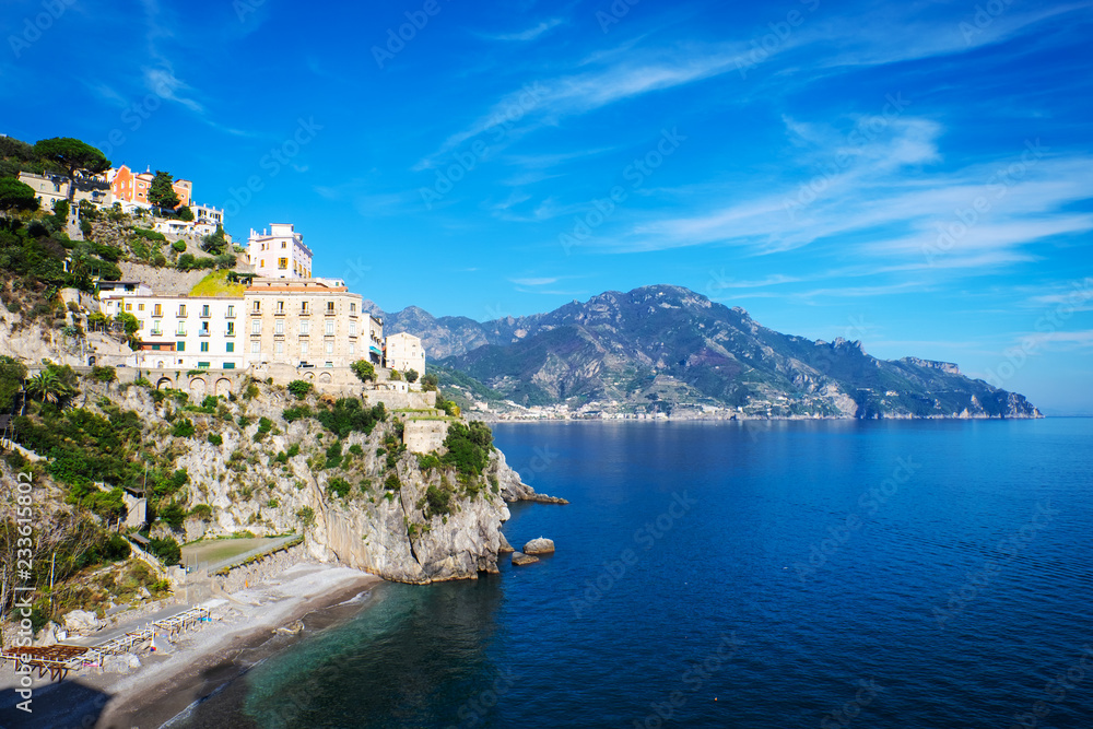 Beautiful view of cliff side village homes and sea of the Amalfi coast in Italy.