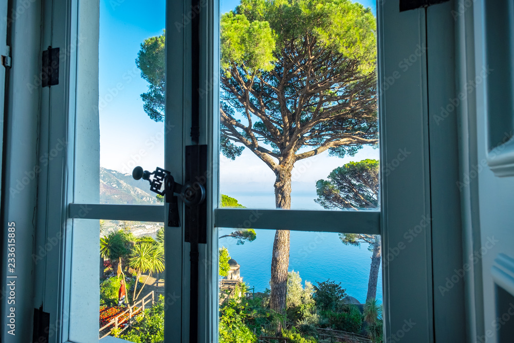 View from window on villa Rufolo, Ravello, Amalfi Coast, Italy View from window on villa Rufolo, Ravello, Amalfi Coast, Italy