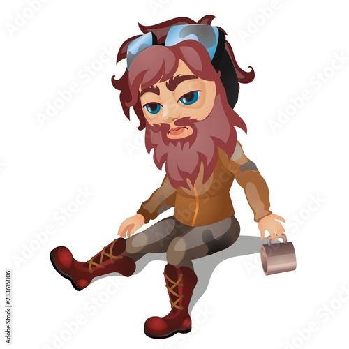 Pilot crashed and bearded isolated on white background. Vector cartoon close-up illustration.