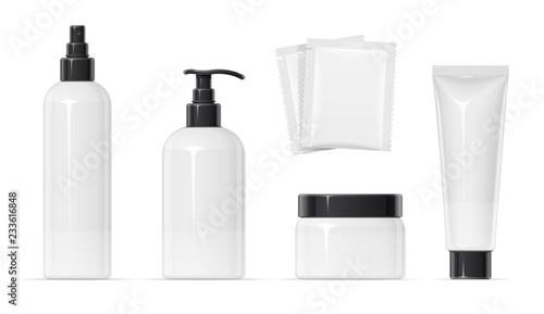 Set of Plastic container for cream spray, balm and shampoo photo