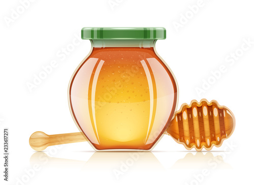 Jar and dipper for honey. Glass can preservation liquid food.