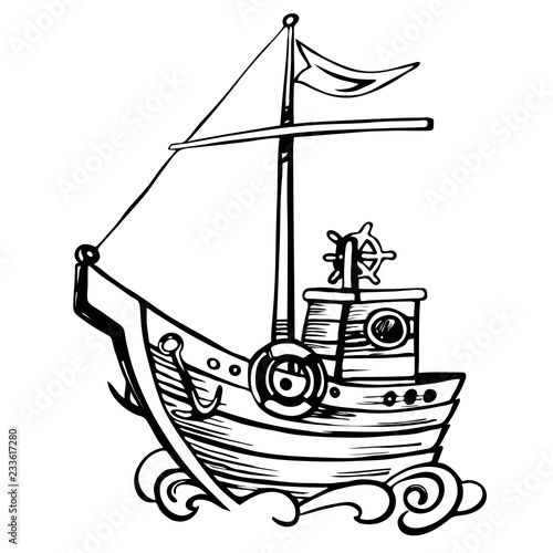Vintage stylize sketch sailing boat wooden