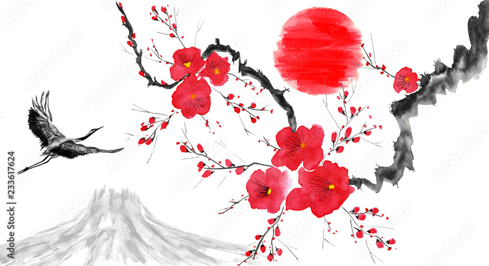Birds & Sakura, Japanese Watercolor Art Graphic by NeVinci