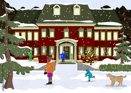 Happy new year and merry Christmas preparation. Winter fun. kids decorating a house. Winter holidays. Vector illustration. People decorating bir house.