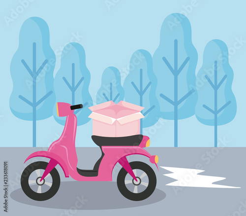 delivery service motorcycle with box in landcape
