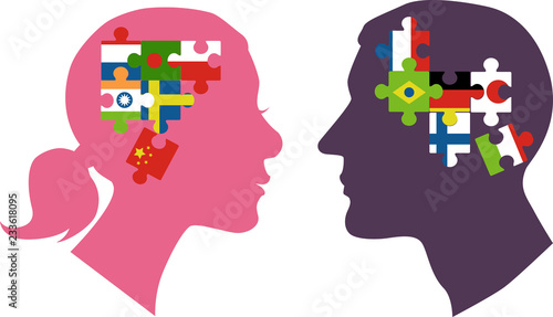 Male and female profiles filled with jigsaw puzzle pieces representing different countries as a metaphor for DNA ancestry research, EPS 8 vector illustration