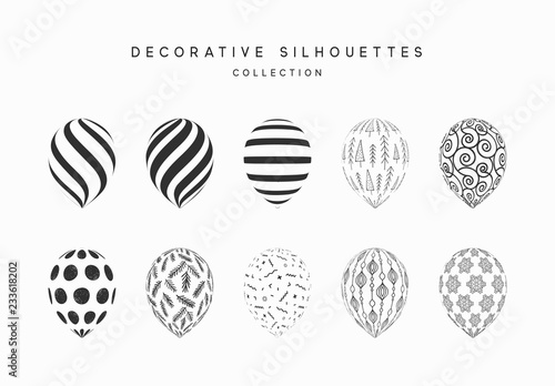 Set of white and black silhouette balloons isolated on white background.