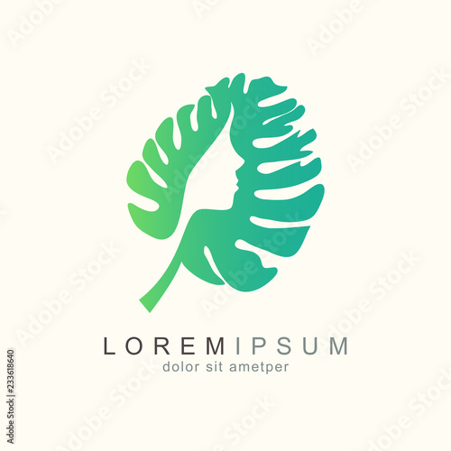 Green monstera leaf with face. Eco friendly business company icon. Ecological design. Natural symbol. Bio sign. Logo design vector template. Ecology nature element for medical, fashion, beauty