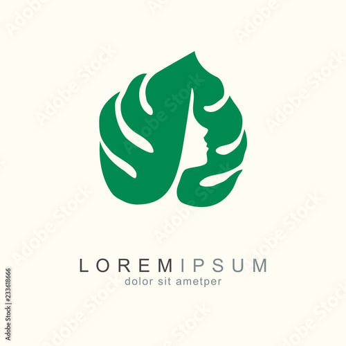 Green monstera leaf with face. Eco friendly business company icon. Ecological design. Natural symbol. Bio sign. Logo design vector template. Ecology nature element for medical, fashion, beauty