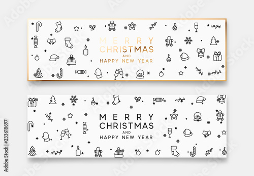 Merry Christmas and Happy New Year horizontal banner with xmas decorative elements line style