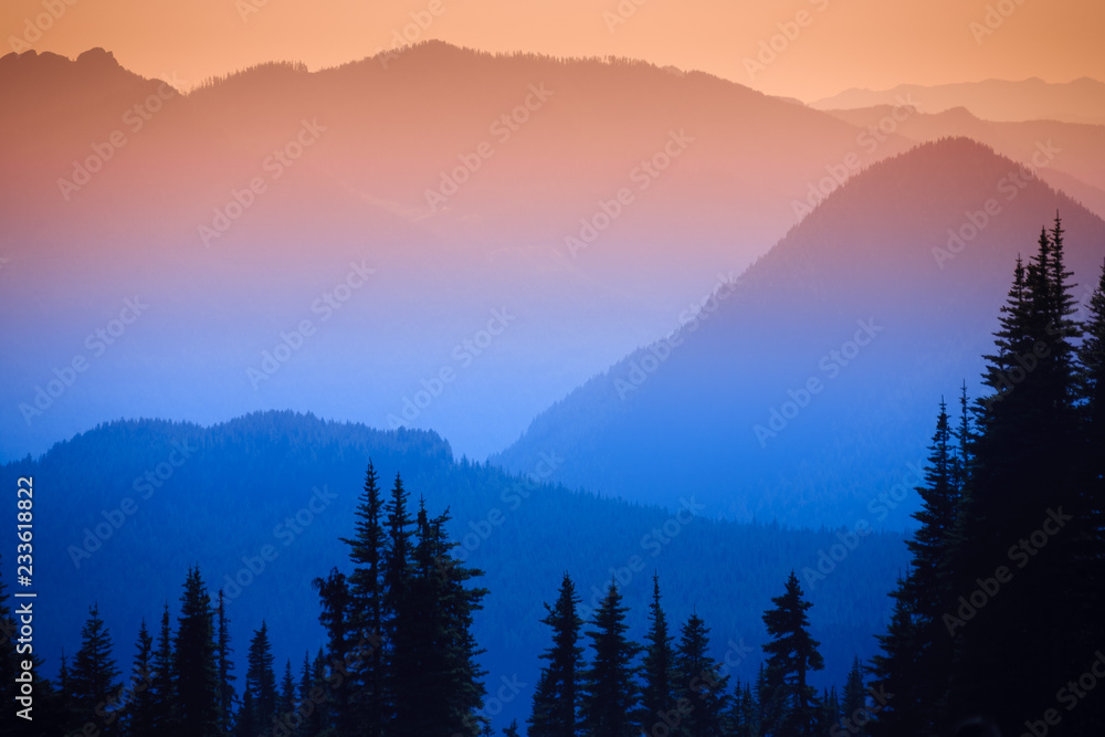 Obraz premium Hazy scenic view of mountain ranges in Mt. Rainier National Park.