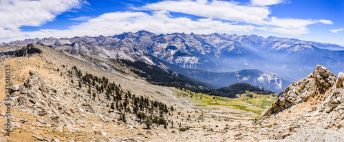 Alpine landscape and view towards eastern Sierra Nevada mountains as seen from Alta Peak on a sunny summer day; Sequoia National Park, California