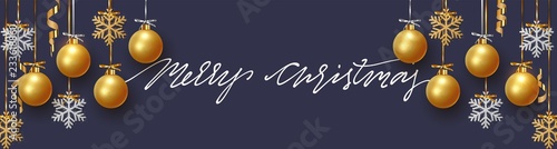 Christmas banner, design of xmas balls with golden glitter snowflake hanging on the ribbon. Christmas posters, greeting cards, headers website.