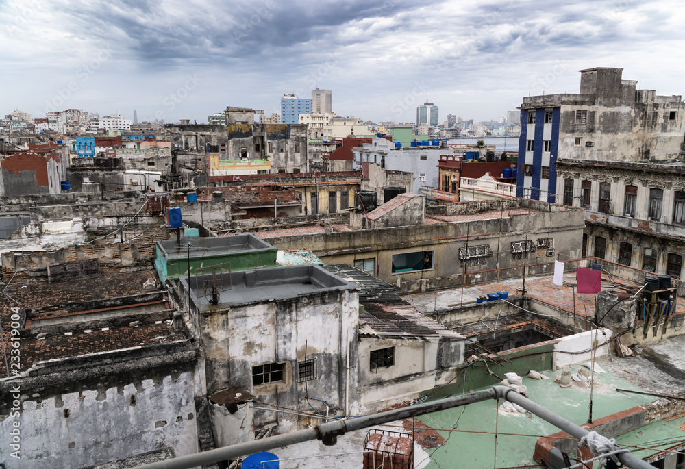 Panoramic view over the rooftops of Havana City in Cuba. The run-down buildings mostly in colonial style provide a special flair for visitors and tourists. Panoramic shot of the historical town.