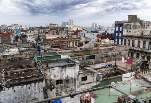 Panoramic view over the rooftops of Havana City in Cuba. The run-down buildings mostly in colonial style provide a special flair for visitors and tourists. Panoramic shot of the historical town.