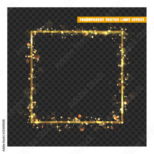 Gold frame with glowing lights and sparkle bokeh effects, isolated on transparent background. Shining golden rectangle. Luxury premium design template.