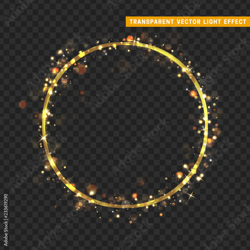 Gold circle frame with glowing lights and sparkle bokeh effects, isolated on transparent background. Shining golden round. Luxury premium design template.