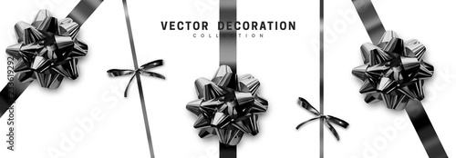 Bows balck realistic design. Decorative gift bows with ribbons isolated on white background