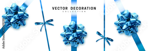 Bows blue realistic design. Decorative gift bows with ribbons isolated on white background