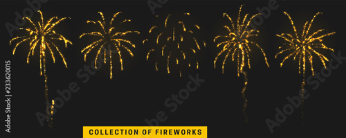 Golden light effect. Set festive gold fireworks isolated on black background.