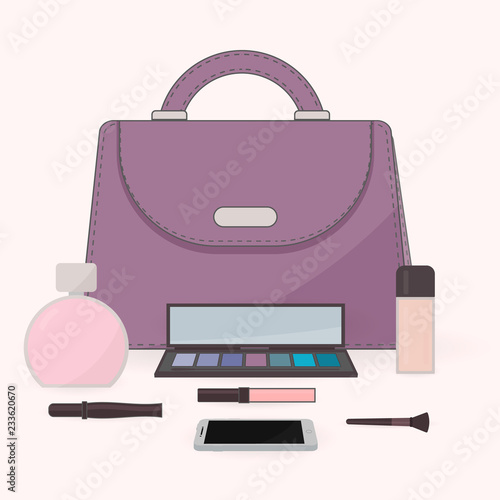 The contents of a woman's bag. Purse, perfume, cosmetics and mobile phone. Vanity table. Concept of beauty bloggers, fashion and glamour.
