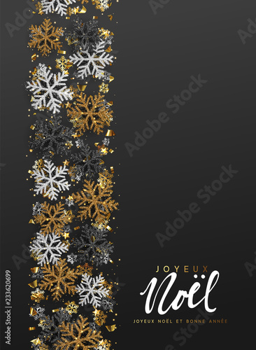 French text Joyeux Noel. Merry Christmas and Happy New Year. Xmas background with Shining gold and silver Snowflakes. Greeting card, holiday banner, web poster