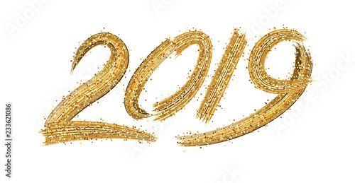 New Year 2019 sign with golden brush strokes on white background.