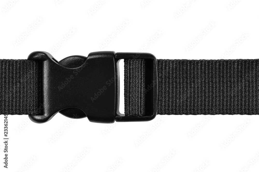 Black side release acculoc buckle plastic clasp, quick nylon belt rope lock strap, isolated macro closeup, large detailed horizontal accessory studio shot Black side release acculoc buckle plastic clasp, quick nylon belt rope lock strap, isolated macro closeup, large detailed horizontal accessory studio shot