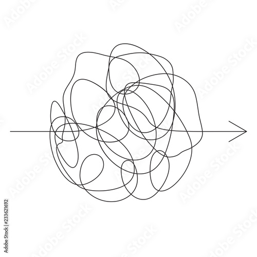 Idea process. Complicated way. Mess or chaos icon. Pass the way linear arrow with clew  tangle ball  in center. Messy line. Doodle knot ball. Insanely busy brain