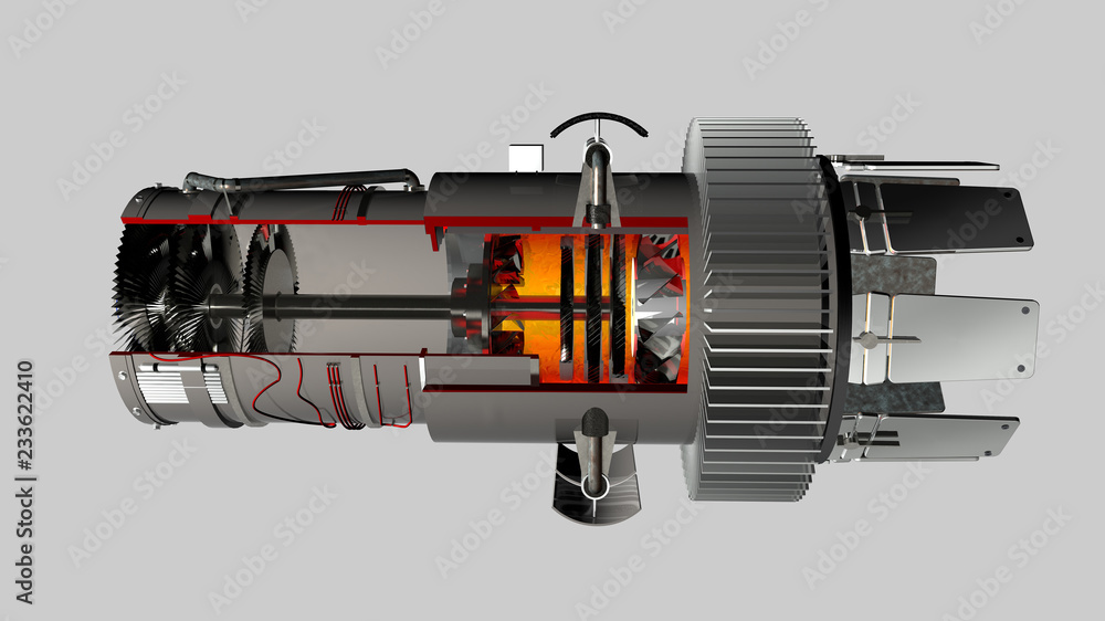 Motore a reazione su fondo neutro con la visione delle sue parti interne, 3D rendering, illustrazione Motore a reazione su fondo neutro con la visione delle sue parti interne, 3D rendering, illustrazione