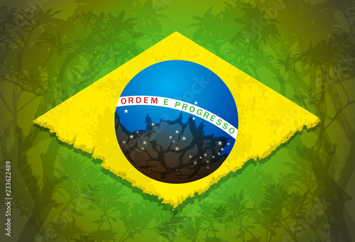 Brazilian flag vector illustration. Conceptual symbol of political upheaval in brasil with tropical forest pattern in green background.