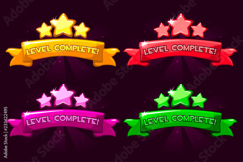 Level complete, colored ranking banners with stars and ribbon.
