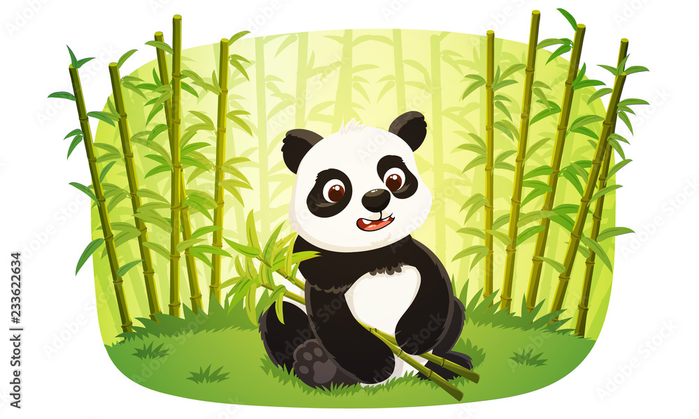 Cute young panda cartoon character holding bamboo stems. Green forest of bamboo background. Vector illustration isolated on white background. Cute young panda cartoon character holding bamboo stems. Green forest of bamboo background. Vector illustration isolated on white background.