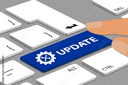 Update Concept - Keyboard With Blue Button And Tool Kit - Computer Or Laptop With Fingers