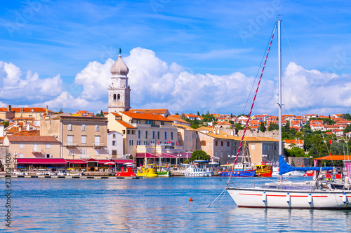 Wonderful romantic summer in old town at Adriatic sea. Summer panoramic coastline landscape. Boats and yachts in harbor. Krk. Krk island. Croatia. Europe. photo
