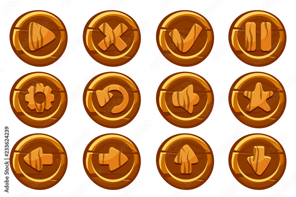 Vector wooden collection kit buttons for Ui Game. Vector wooden collection kit buttons for Ui Game.