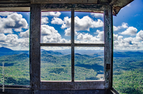 Mountain Landscape through Old Window Pane