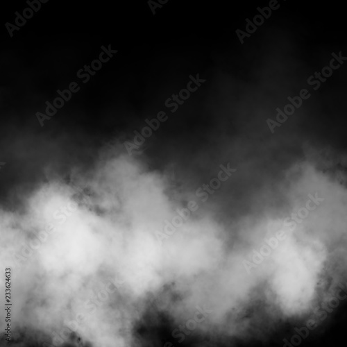 White fog and mist effect on black stage studio showcase room background.