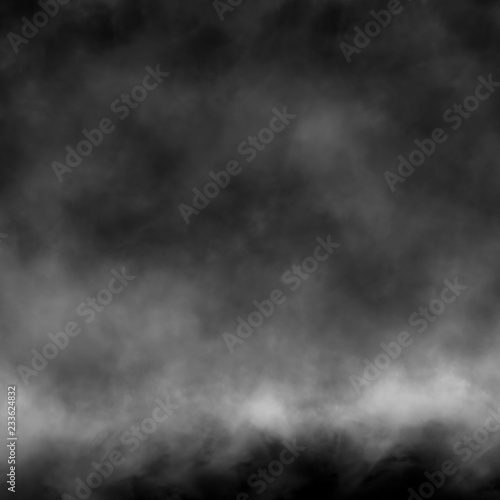 White fog and mist effect on black stage studio showcase room background. © artistmef