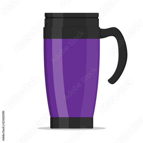 Modern violet thermo cup, travel mug, thermos isolated on white background. Vector illustration in flat style.