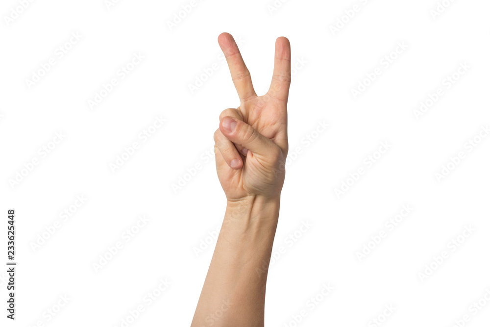 Male hand raised up and showing a gesture of peace with two lifted fingers on a white background. Gesture Yo. Concept of power, unity, rap respect Male hand raised up and showing a gesture of peace with two lifted fingers on a white background. Gesture Yo. Concept of power, unity, rap respect