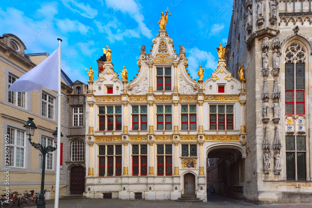 Scenic cityscape with the picturesque medieval Burg Square in Bruges, Belgium