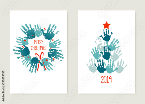 Chrismas cards to make with kids. Handprint Christmas tree with red star. Handprint Christmas wreath with red bow. Watercolor, acrylic children Christmas art. Vector illustration isolated on white.