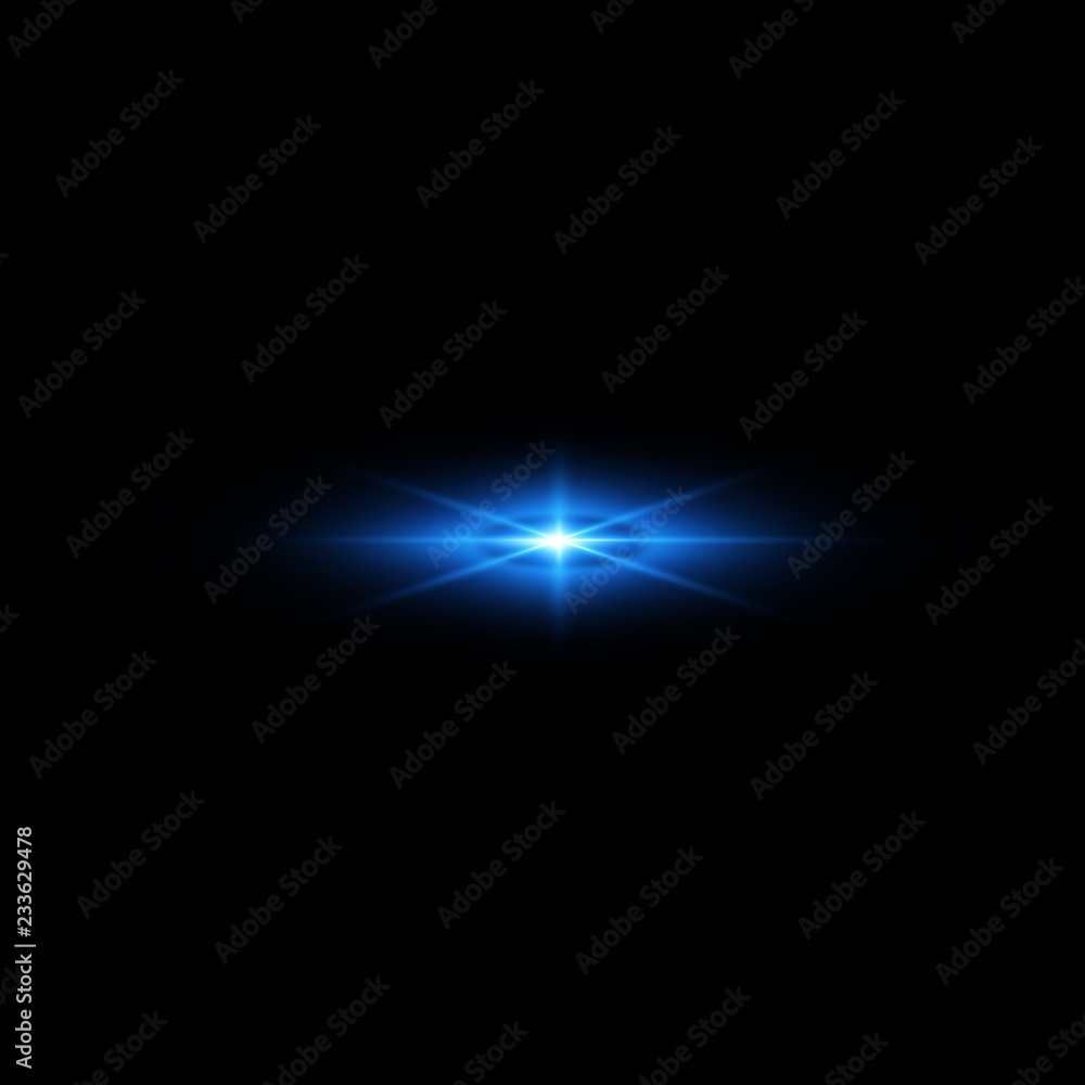 Isolated realistic lens flare visual effect on black night background. Space star. 