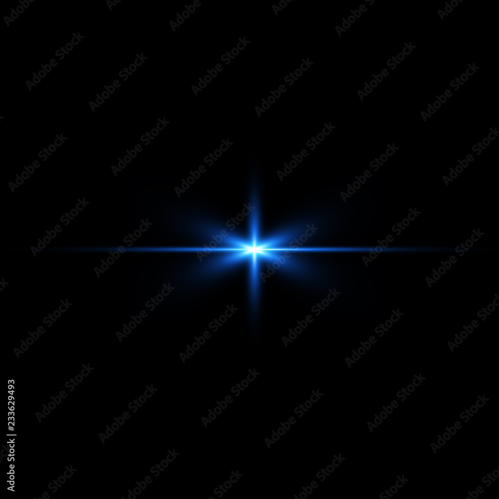 Isolated realistic lens flare visual effect on black night background. Space star. 