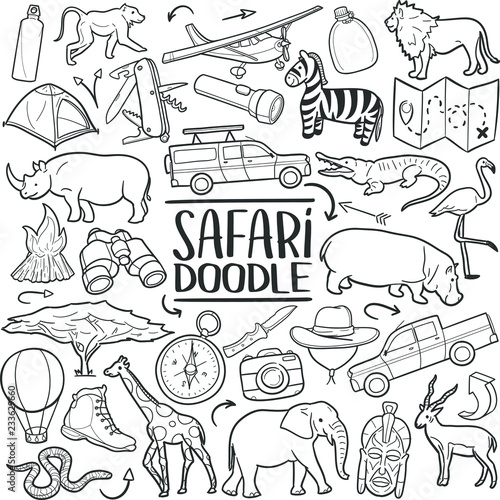Safari Africa Animals Traditional Doodle Icons Sketch Hand Made Design Vector