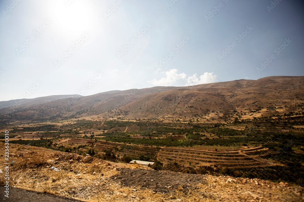 Landscape of Lebanon and the Bekaa Valley with mountain and vineyards. Lebanon